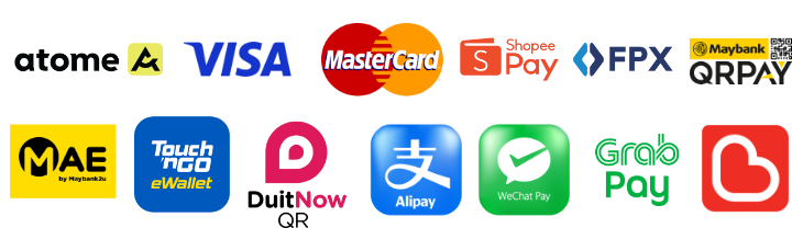 Atome, Visa, Mastercard, ShopeePay, FPX, Maybank QRPay, MAE, Touch 'n Go eWallet, DuitNow, Alipay, WeChat Pay, GrabPay