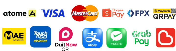 Atome, Visa, Mastercard, ShopeePay, FPX, Maybank QRPay, MAE, Touch 'n Go eWallet, DuitNow, Alipay, WeChat Pay, GrabPay